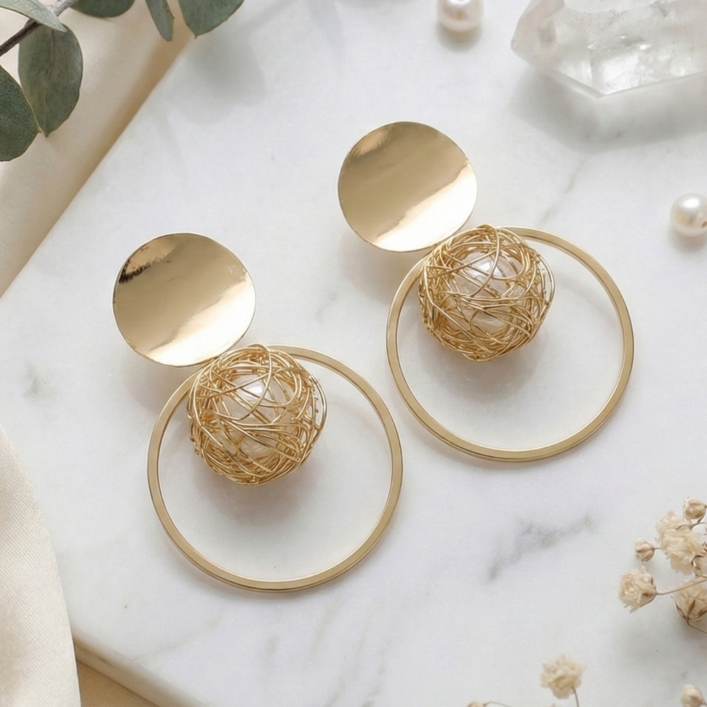 Gold Plated Wire Mesh Faux Pearl Sphere Statement Drop Earrings Geometric Chic